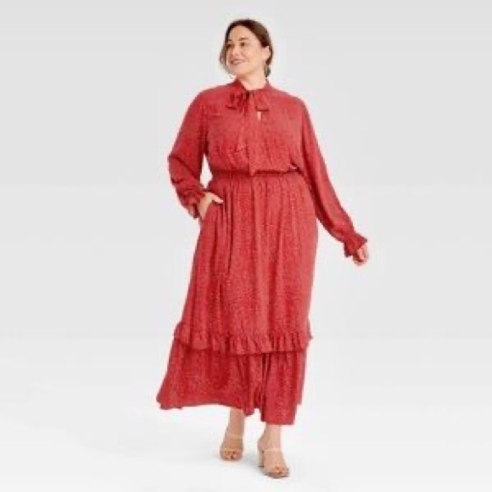 Ava & Viv Red Polka Dots Long Sleeves Ruffle Detail Plus Size Fall Dress 2x